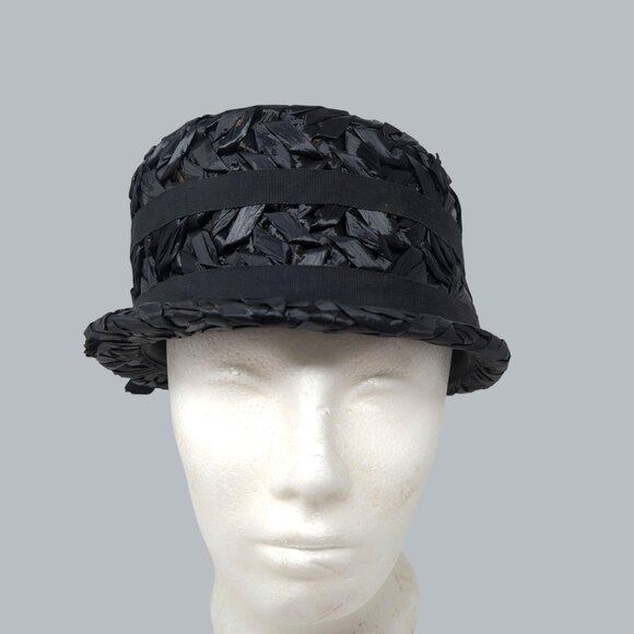 Vintage Black Rattan Hat Cloche Straw - Picture 2 of 8